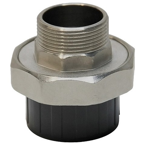 Муфта разборная НПВХ DN 50-1 1/2" PN 16 клеевая с наружной латунной резьбой черная Aquaviva AQVBND50M купить в Челябинске | "Проконсим"