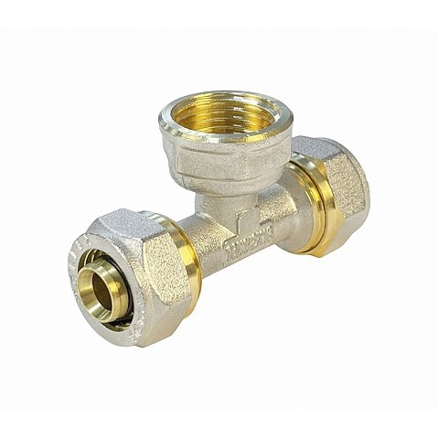 Тройник латунный для PEX труб 20-1/2''-20 PN 10 обжимной никелированный Valfex VF.332.N  купить в Челябинске | "Проконсим"
