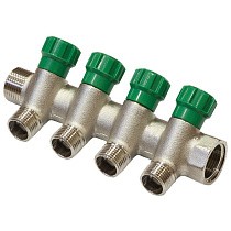Распродажа! Коллектор латунный никелированныйDN 20 4 выхода G 1/2'' с запорными клапанами плоское присоединение отвода,SGL (216114726) со склада Проконсим в Челябинске