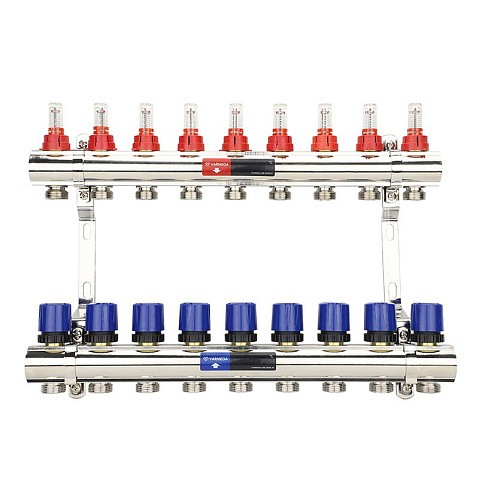 Коллекторная группа из латуни DN 25-9 вых. G-3/4'' евроконус, с расходомерами, без дренажного крана и воздухоотводчика VARMEGA VM15409 купить в Челябинске | "Проконсим"