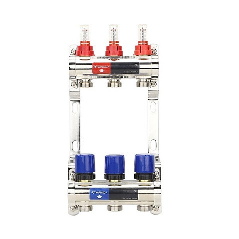 Коллекторная группа из латуни DN 25-3 вых. G-3/4'' евроконус, с расходомерами, без дренажного крана и воздухоотводчика VARMEGA VM15403 купить в Челябинске | "Проконсим"