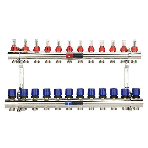 Коллекторная группа из латуни DN 25-12 вых. G-3/4'' евроконус, с расходомерами, без дренажного крана и воздухоотводчика VARMEGA VM15412 купить в Челябинске | "Проконсим"